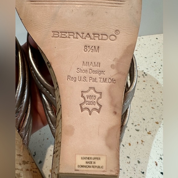 BERNARDO Miami Leather Platinum Metallic Tong Cork Wedge Sandals - Picture 11 of 13